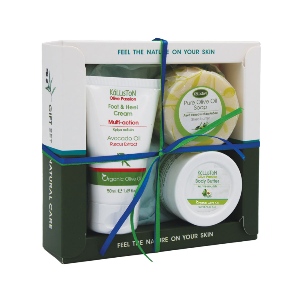 KL1352 Gift box with foot & heel cream 50ml, body butter 50ml & pure olive oil soap 85gr - Image 1