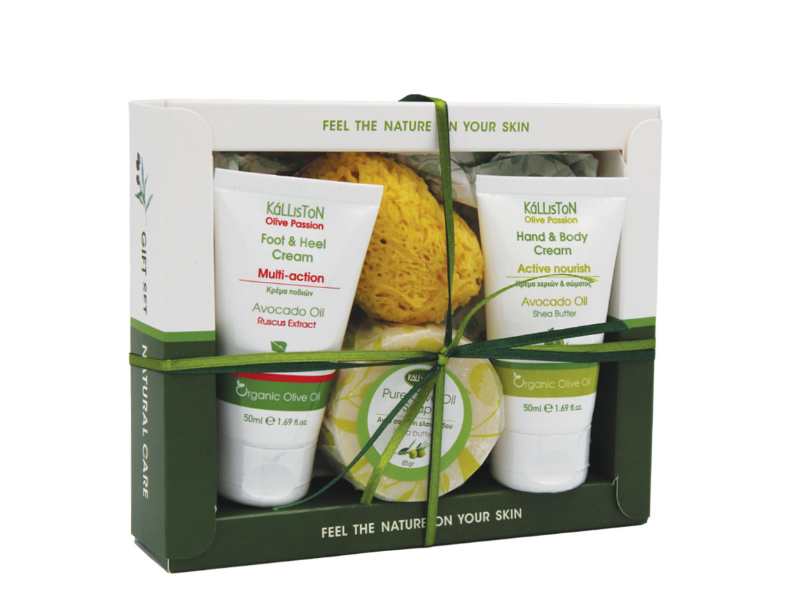 KL1363 Gift box with hand & body cream 50ml, foot & heel cream 50ml, Pure olive oil soap 85gr & sponge - Image 1