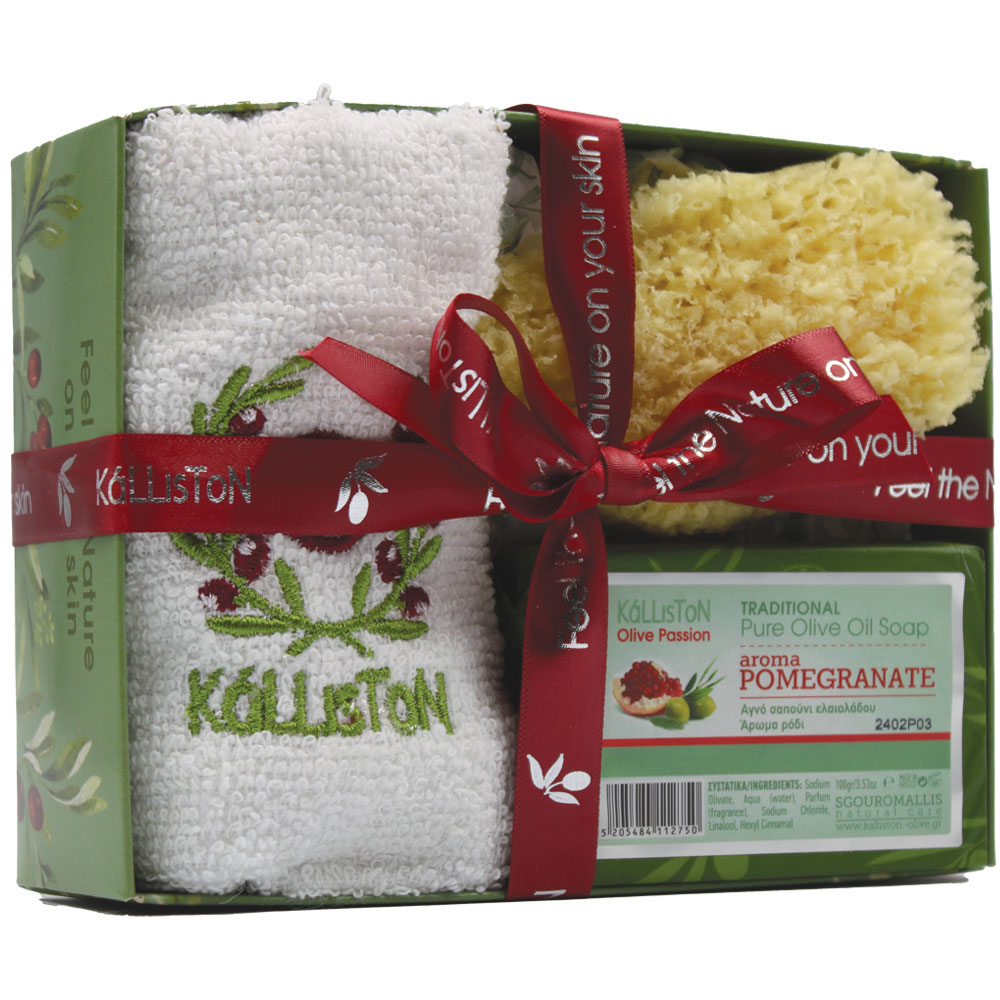 KL0667 GIFT BOX TRADITIONAL OLIVE OIL SOAP 100gr + SPONGE + TOWEL - Image 1