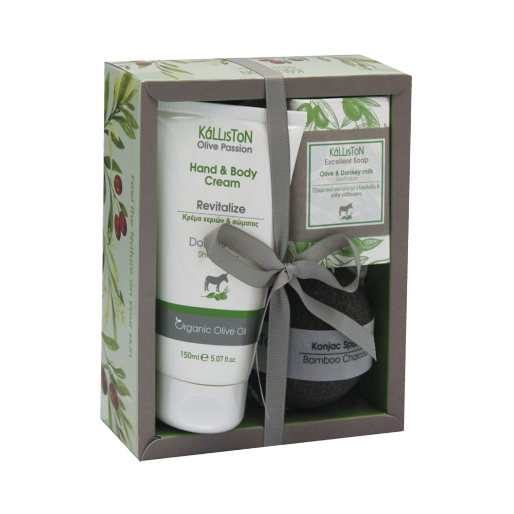 KL1391 Gift box with hand & body cream with donkey milk 150ml, Excellent soap with donkey milk 100gr + Konjac sponge - Image 1
